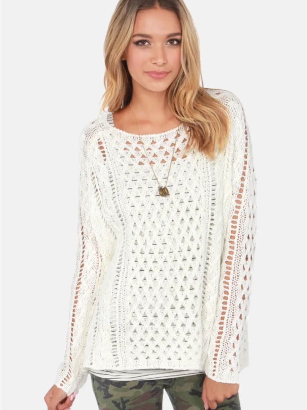 American Eagle | Open-Knit Cream- Lightweight Crochet Pullover Sz L